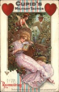 Valentine Man and Cupid Spy on Beautiful Woman Reading c1910 Postcard