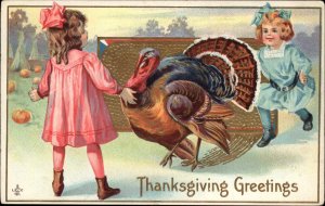 Thanksgiving Girls Catch Turkey Gilt Embossed Stecher 1900s-20s Vintage Postcard