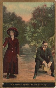 Lovers Couple Not Speaking On Each Other As They Pass By Vintage Postcard