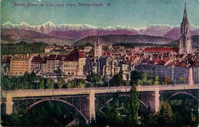 Bern View City Alps Switzerland Bridge Mountains Antique Postcard DB UNP Unused