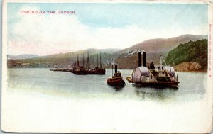 1900s Towing on the Hudson Paddle Steamer with Tug Boat Undivided Back Postcard