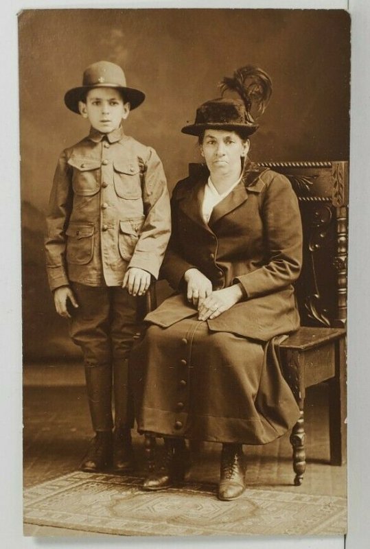 RPPC Mother and Her Little Scout in Studio For Portrait c1920 Postcard P5