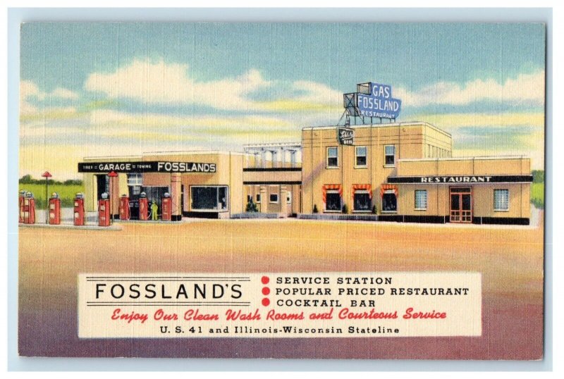 Gas Fossland Restaurant And Gas Station Kenosha Wisconsin WI Vintage Postcard