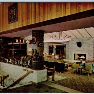 c1950s Jasper Park Lodge AB Postcard Main Lounge Totem Poles Fireplace MCM
