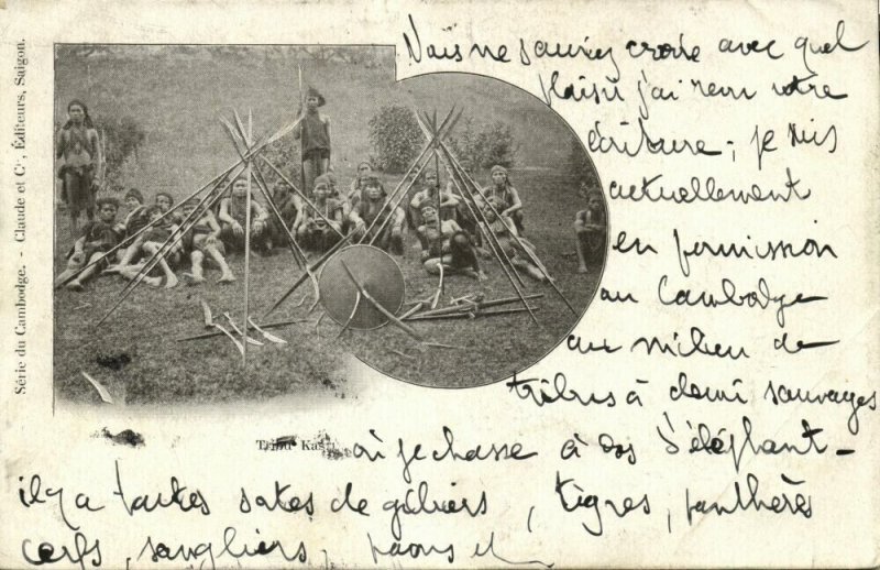 indochina, Cambodia, Group of Khas Warriors, Spears and Shield (1903) Postcard