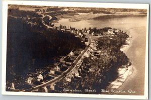 RPPC Postcard QC Baie Comeau Champlain Street by River Aerial View 1930s K69