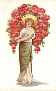 Vintage Italian Art Postcard 4048-5 Lovely Lady Surrounded by Red Roses