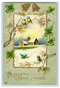 c.1910s Lovely Birds Bells 4 Leaf Clover Gel German New Year Postcard F74