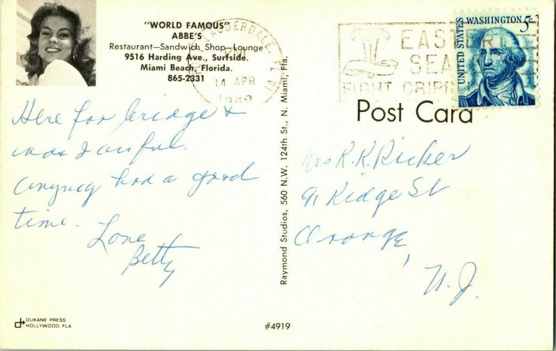 1969 Postcard Flrorida Miami Beach FL Abby's World Famous Restaurant Interior 