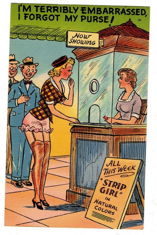 Vintage Risqué Linen Comic Postcard Woman forgetting to wear skirt UNUSED 