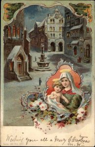 Antique Christmas Postcard Mary Madonna Jesus Christ Village Scene