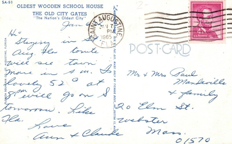 Vintage Postcard 1965 Oldest Wooden School House Greetings From St. Augustine FL