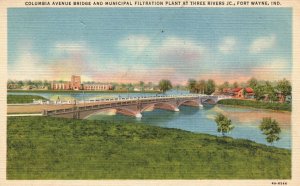 Vintage Postcard Columbia Avenue Bridge Municipal Filtration Plant Fort Wayne IN