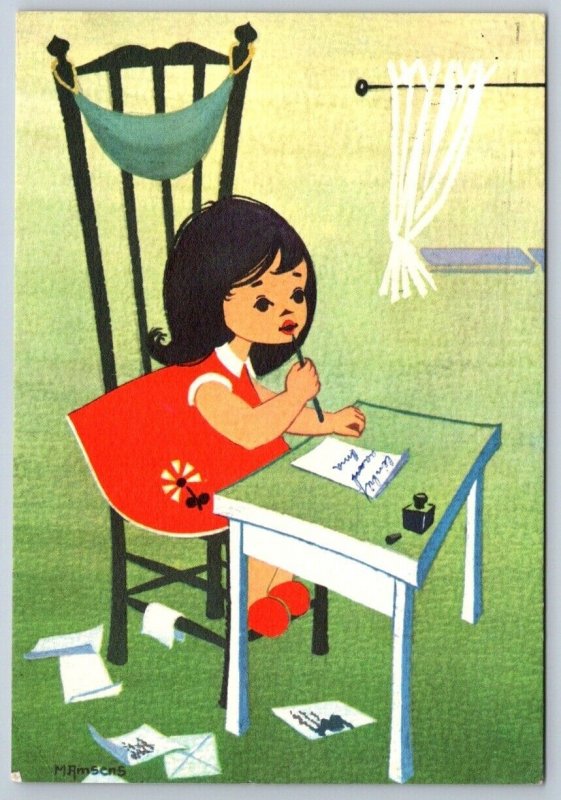Little Girl Practicing Handwriting With Pen And Ink- Art Postcard By M. Amsens