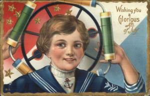 4th Fourth of July Boy Holding Fireworks GREAT COLOR Nash #5 Postcard