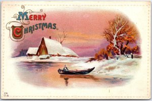 VINTAGE POSTCARD MERRY CHRISTMAS BEADED BORDER W/ CANOE AND CABIN SCENE 1912