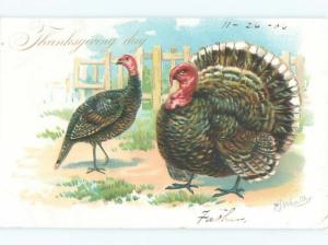 Pre-Linen Thanksgiving signed TURKEY BIRDS BY THE FENCE AB4371