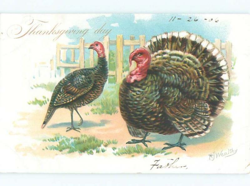 Pre-Linen Thanksgiving signed TURKEY BIRDS BY THE FENCE AB4371