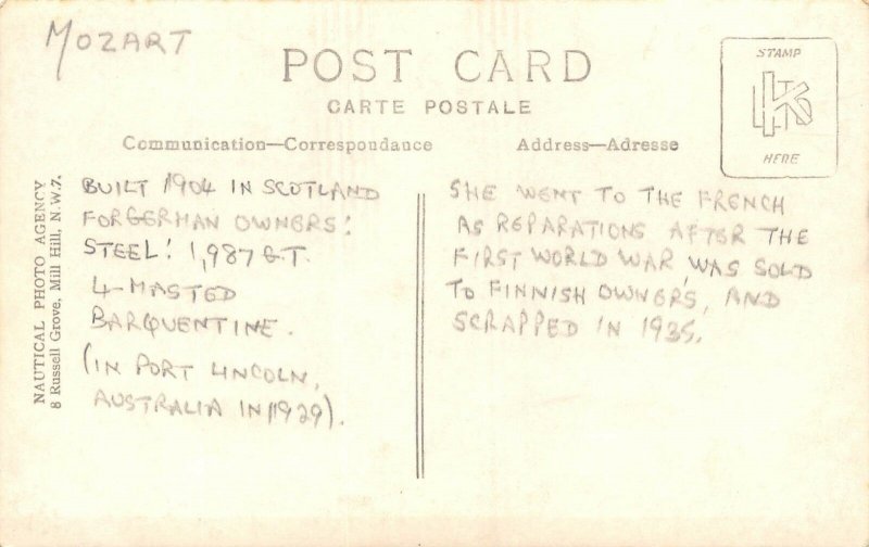 LP38  Sailing Ship Postcard RPPC Mozart