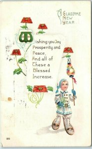 M-30175 Little Boy with Lamp Art Print Greeting Card A Gladsome New Year