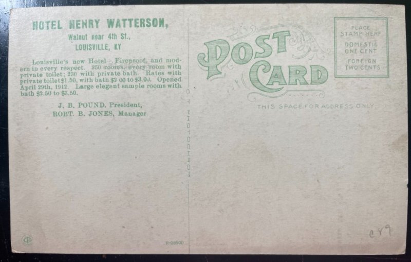 Vintage Postcard 1911 Hotel Henry Watterson, Walnut & 4th Sts Louisville KY