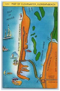 c1940 Map Clearwater Boats Beach Florida FL Vintage Antique Unposted Postcard