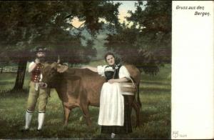 Gruss Aus den Bergen Natives Ethnic Costumes Cow c1910 Postcard