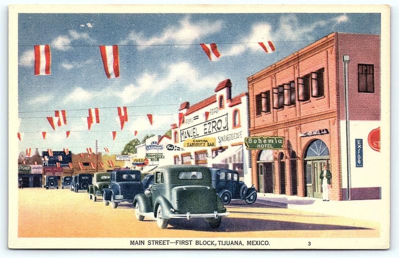 Postcard Mexico Tijuana Vintage Linen View of Main Street First Block C24