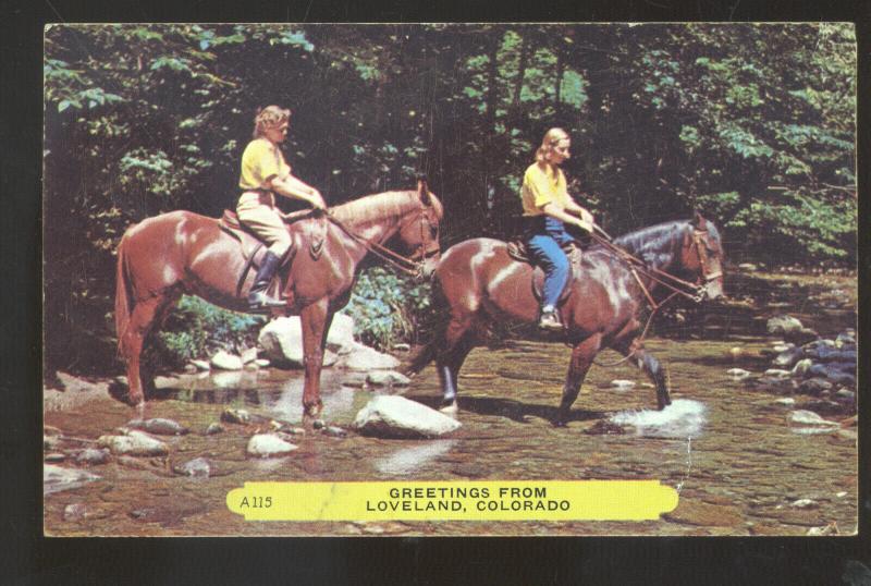 GREETINGS FROM LOVELAND COLORADO WOMEN ON HORSEBACK VINTAGE POSTCARD