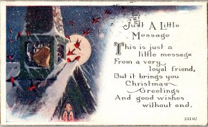 Vintage Postcard Christmas Greetings Church Bell Birds Moon KJ12