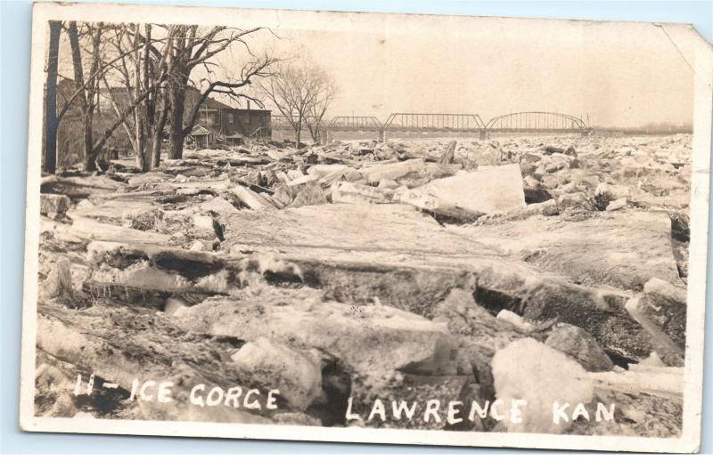 Lawrence Kansas Ice Gorge Kaw River Bridge RPPC Real Photo Vintage Postcard A61