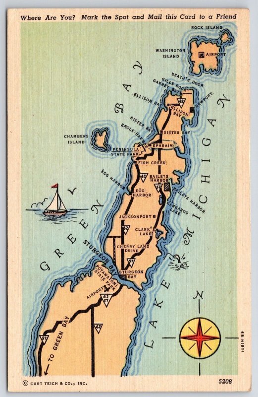 1953 Where Are You? Mark The Spot Green Bay Lake Michigan Map Posted Postcard