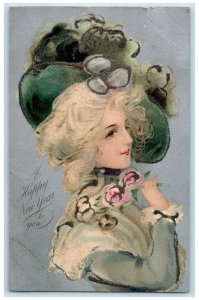 c1905 Happy New Year Pretty Woman Big Hat Feather Flowers Antique Nash Postcard