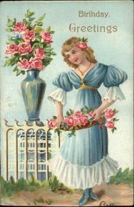 BIRTHDAY Pretty Young Woman w Vase of Pink Roses c1910 Po...