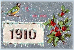New Year Postcard 1910 Bird And Holly Berries Snow Winter Scene Embossed c1910's