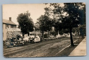 ADVERTISING HORSE DRAWN WAGONS AMERICAN FLAGS ANTIQUE REAL PHOTO POSTCARD RPPC