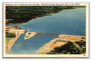 Aerial View of Dam And Lake Kentucky Lake KY UNP Linen Postcard H30