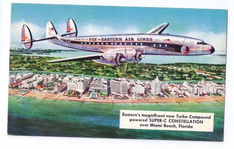 Eastern Air Lines Super-C Constellation Aircraft Miami Beach Aviation Postcard