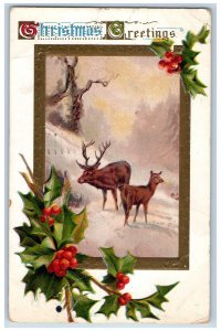 Chicago Illinois IL Postcard Christmas Greetings Deer Berries Winter Embossed