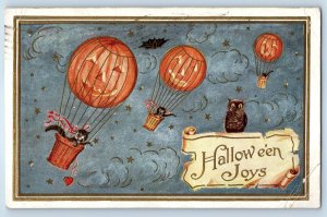 1912 Halloween Jack O Lantern Hot Air Balloon Black Cat Owl Embossed Postcard