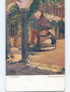 Pre-Linen foreign signed WOMAN LOOKING DOWN INTO A WATER WELL HL8296