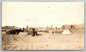 Real Photo Postcard~Farmers w/ Pitchforks Threshing~Steam Tractor & Thresher~'12 