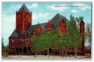 1913 High School Building Exterior Colorado Springs Colorado CO Trees Postcard