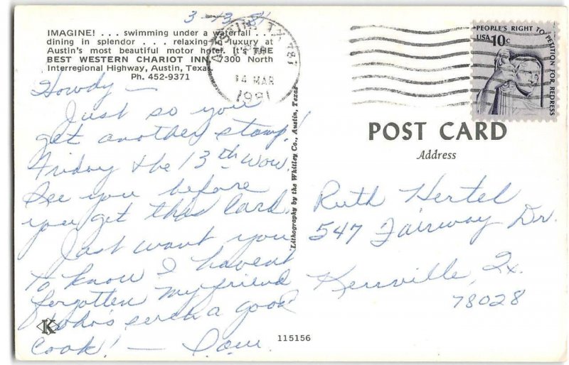 Swimming Pool Night BEST WESTERN CHARIOT INN Austin, TX Roadside 1960s Postcard