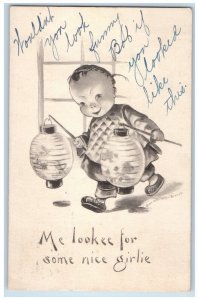 1914 Japanese Little Girl Holding Lantern Racine Wisconsin WI Antique Postcard 