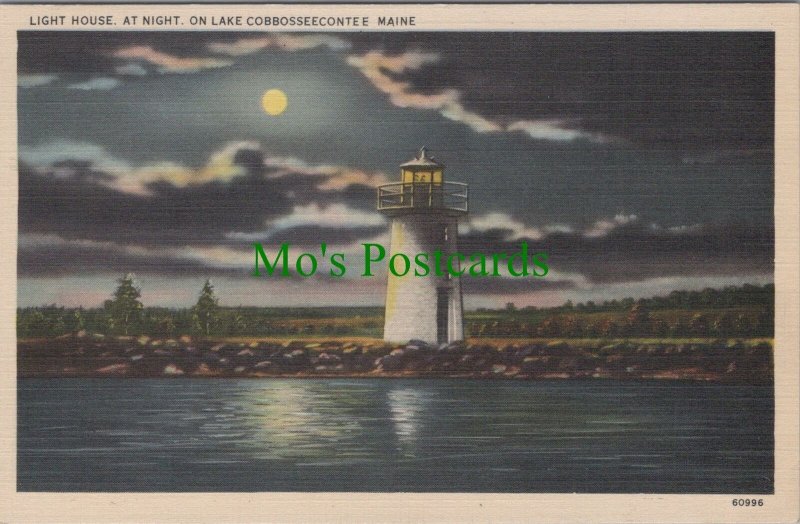 America Postcard - Maine Light House at Night, Lake Cobbosseecontee RS34506