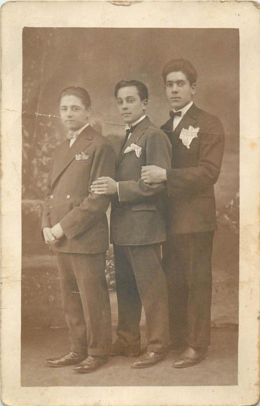Vintage portrait of three elegant young men photo postcard