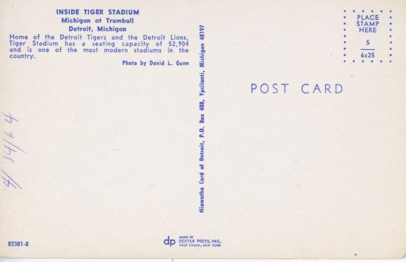 Tigers At Home ~ Inside Tiger Stadium ~ Detroit Tigers Michigan c1960's  Postcard