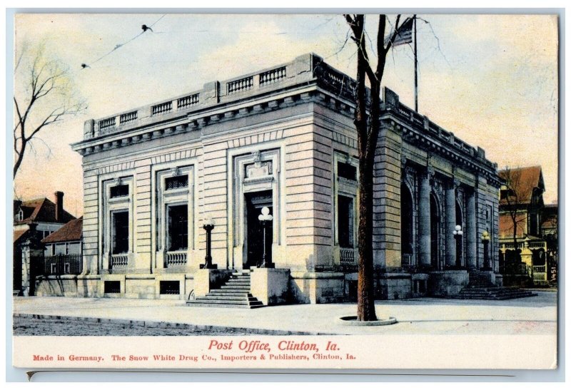 Clinton Iowa IA Postcard Post Office Building Exterior Roadside c1910's Antique