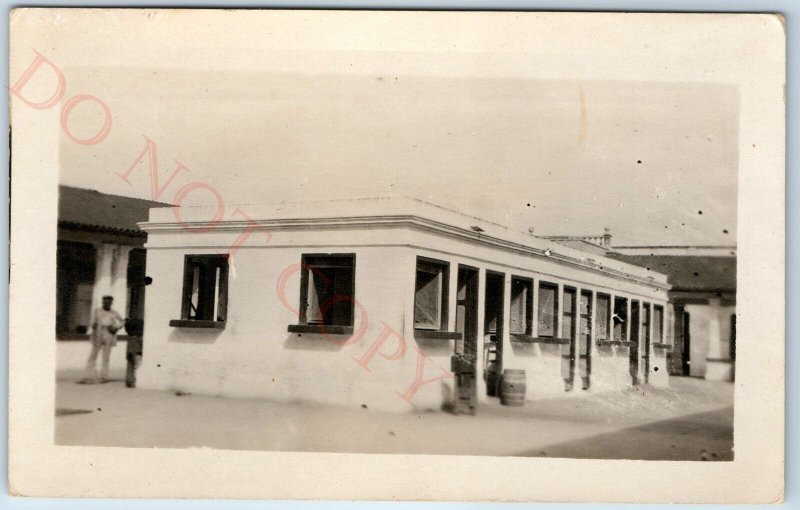 c1910s Mexico? Building RPPC White Facade Plaza Real Photo PC Barrel Store A130